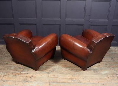 Pair of 1930’s Moustache Back French Leather Club Chairs