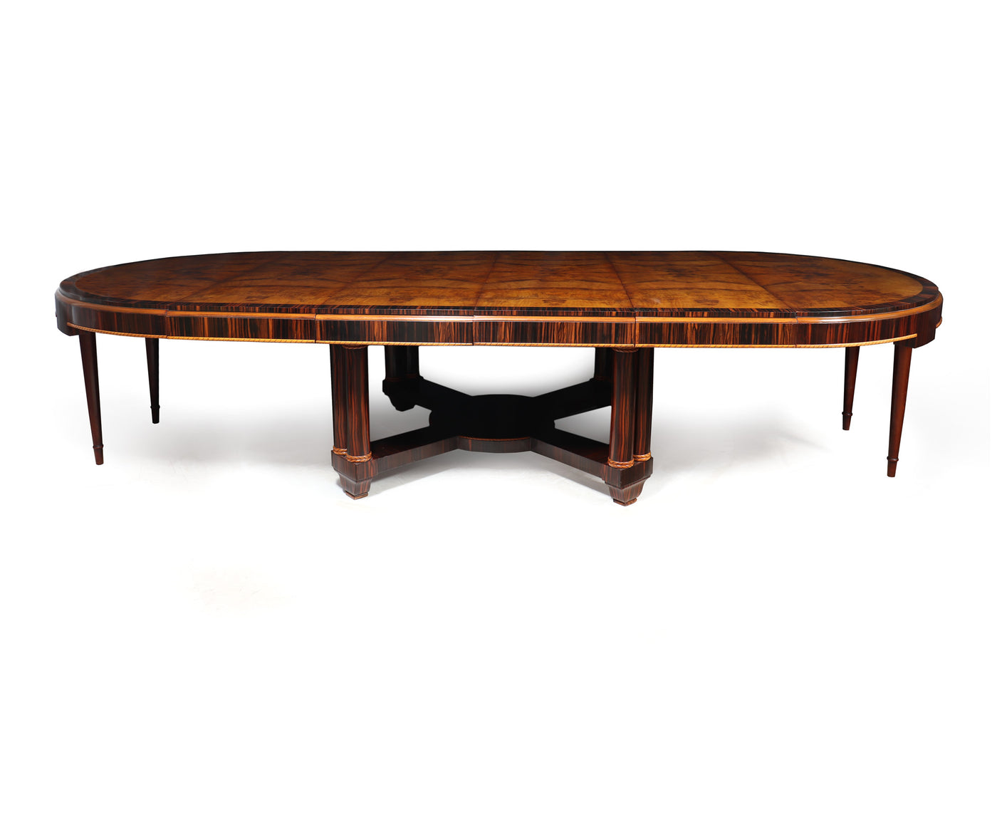Large 14 Seat Art Deco Dining Table in Walnut and Macassar front