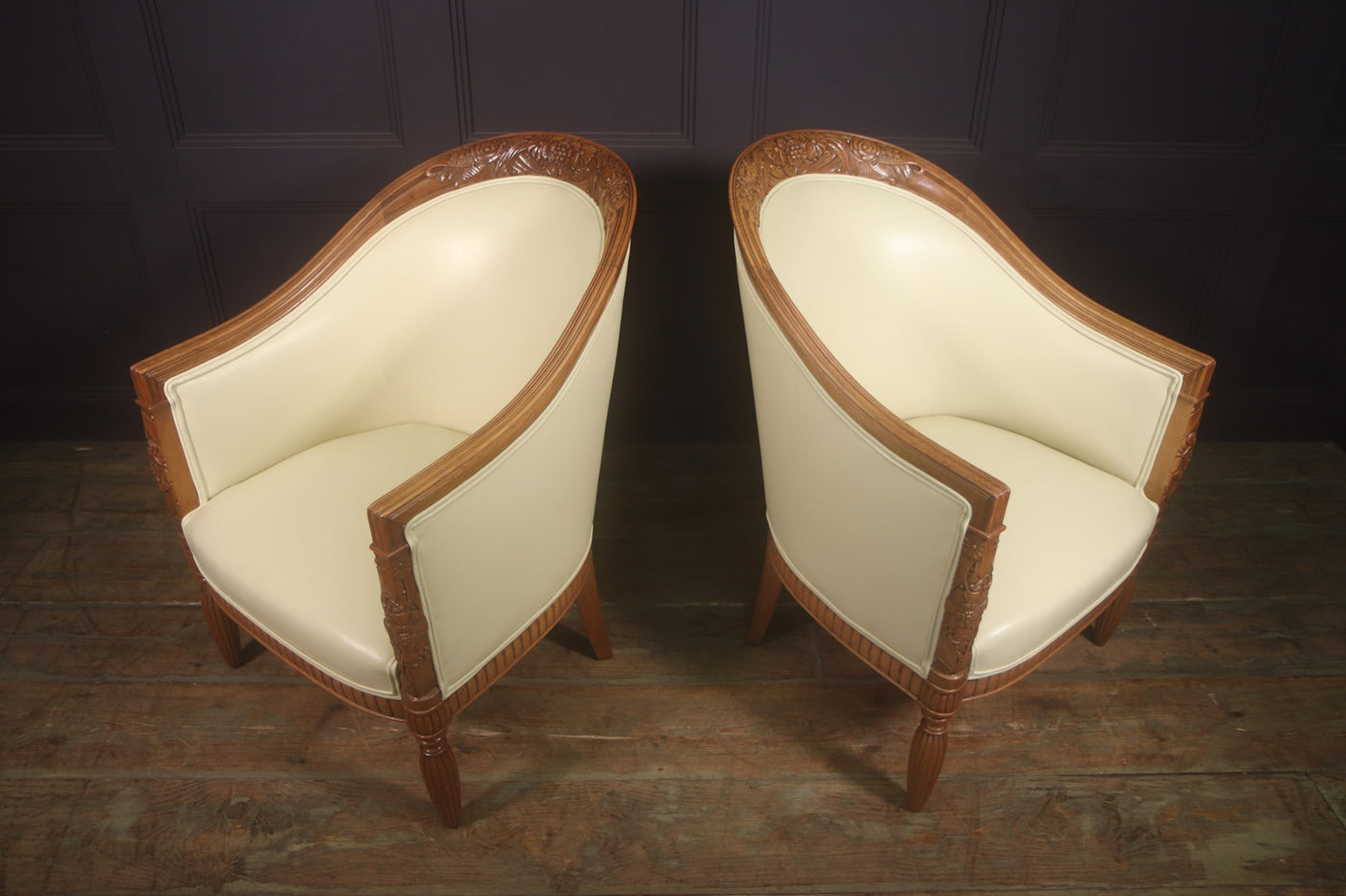 Pair of Carved Pear French Art Deco Armchairs