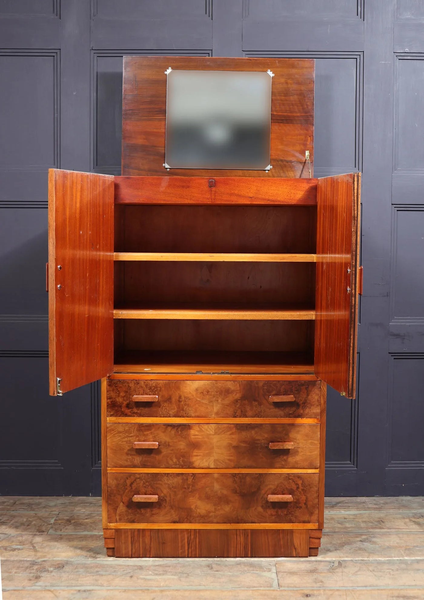 Art Deco Burr Walnut Tallboy open