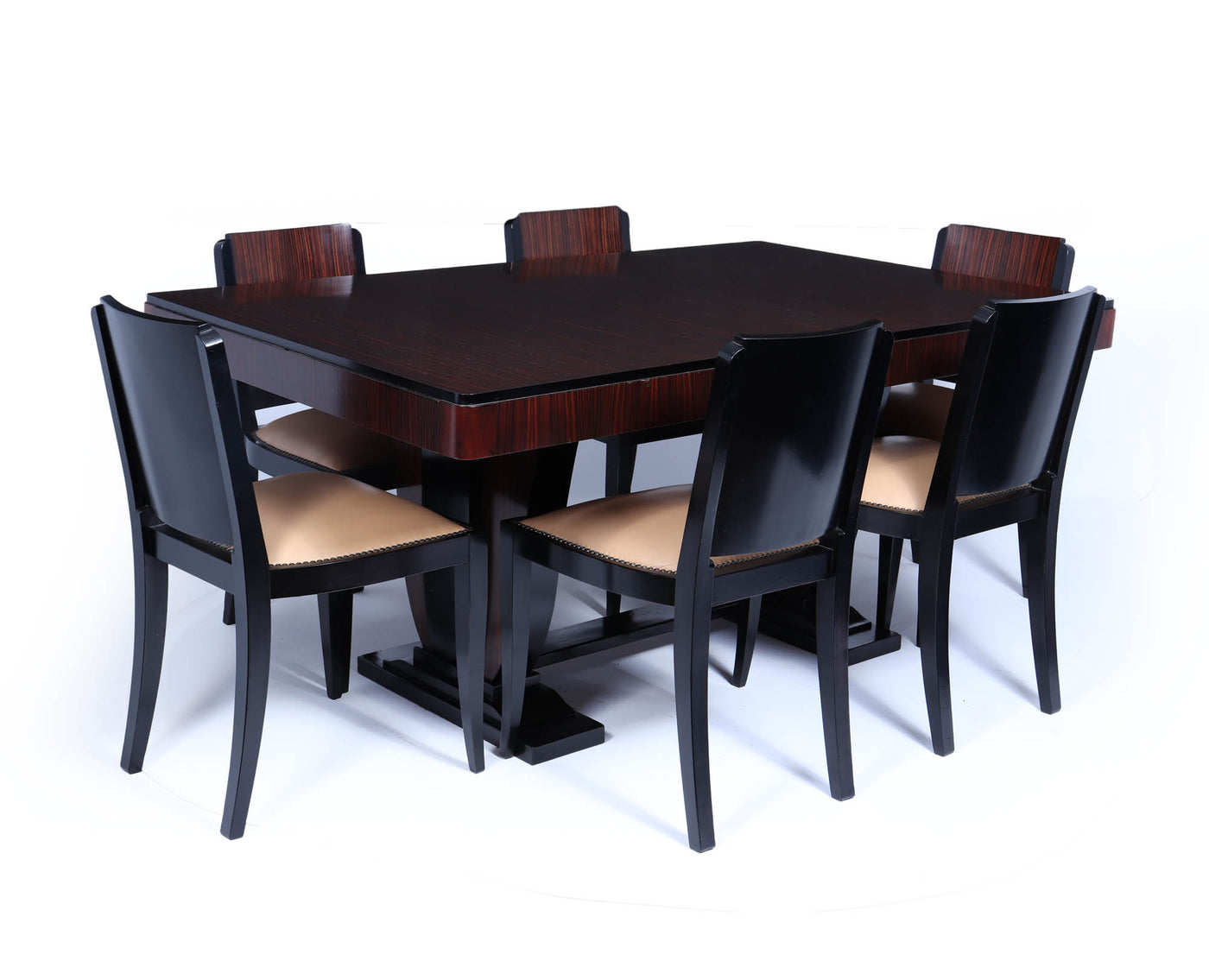 French Art Deco Macassar Ebony Dining Table and Six Chairs