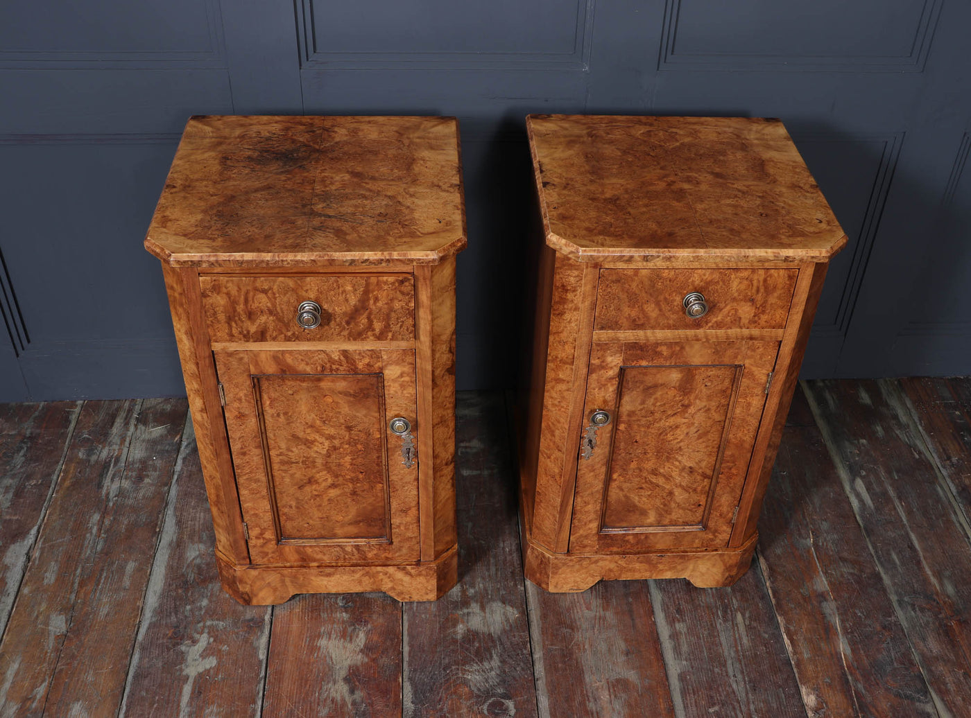 Pair of English Antique Burr Walnut Bedside Cabinets