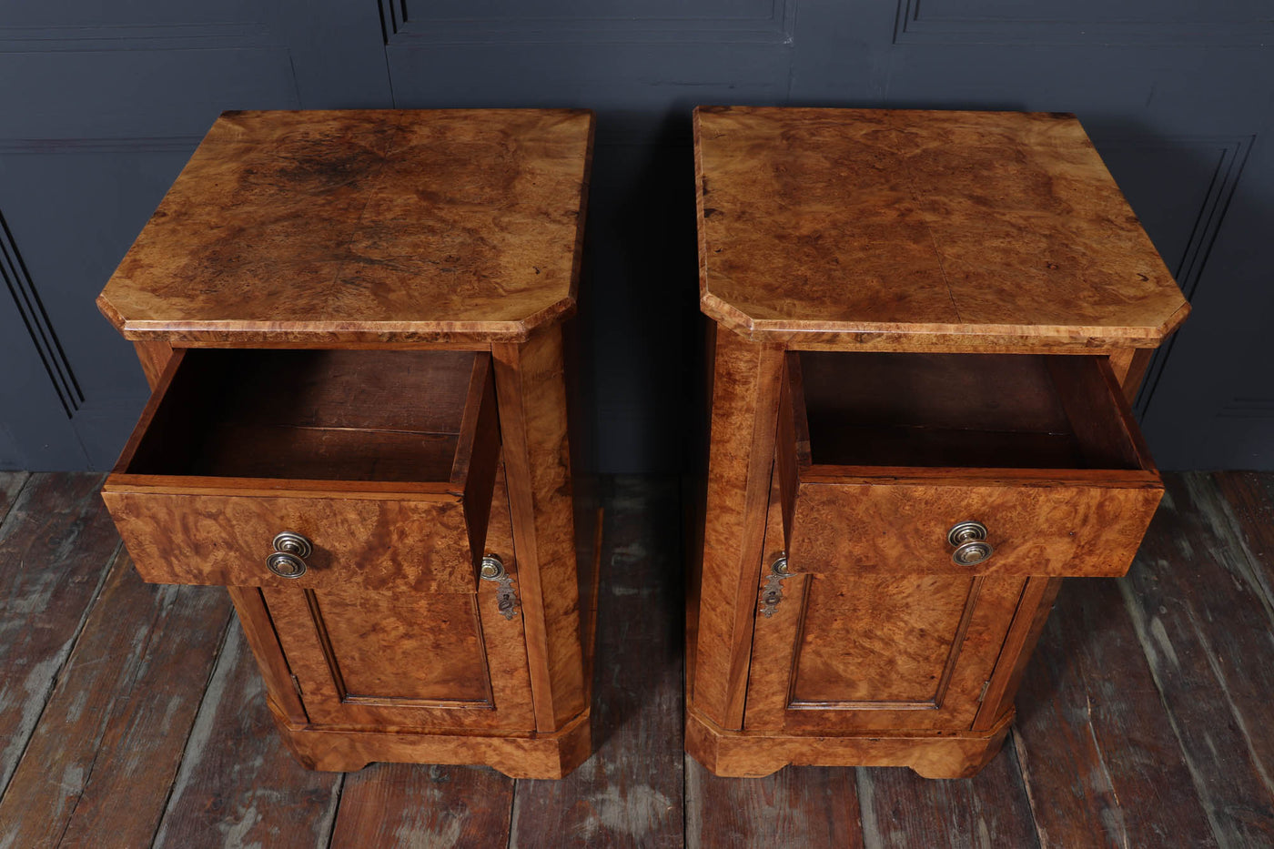 Pair of English Antique Burr Walnut Bedside Cabinets