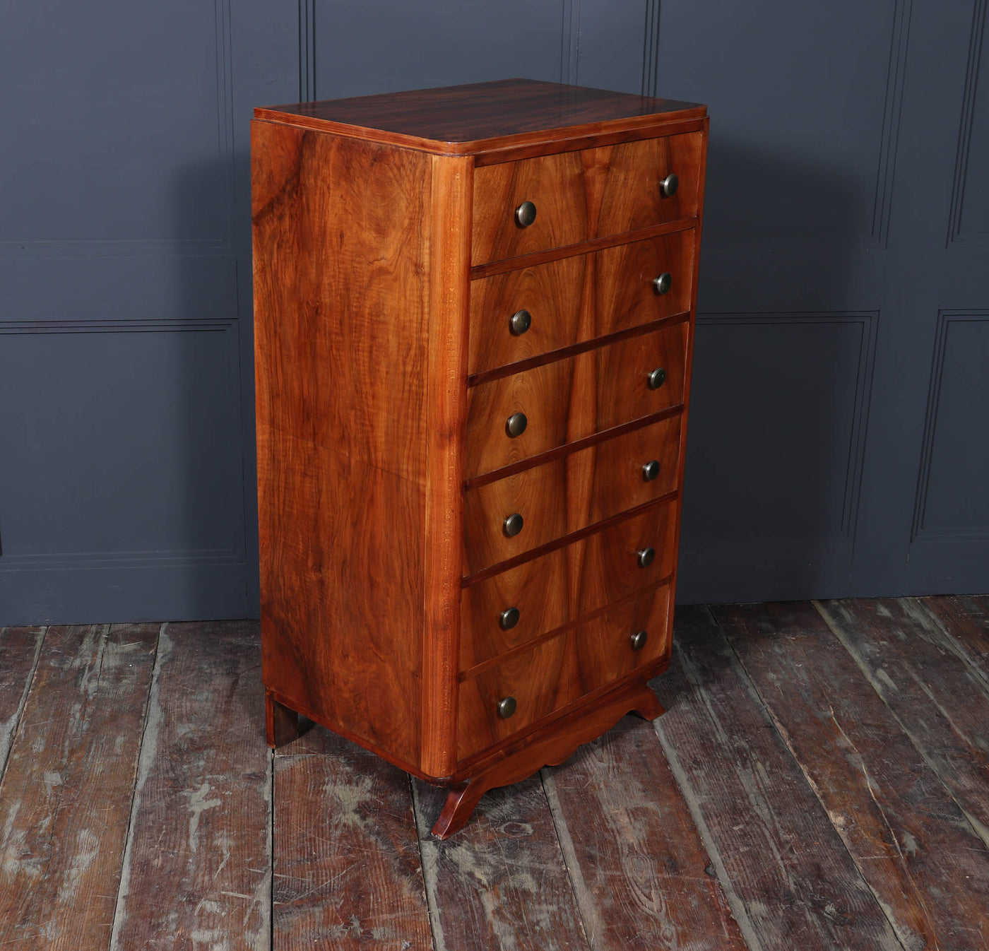 Tall Slim French Art Deco Walnut Chest of Drawers