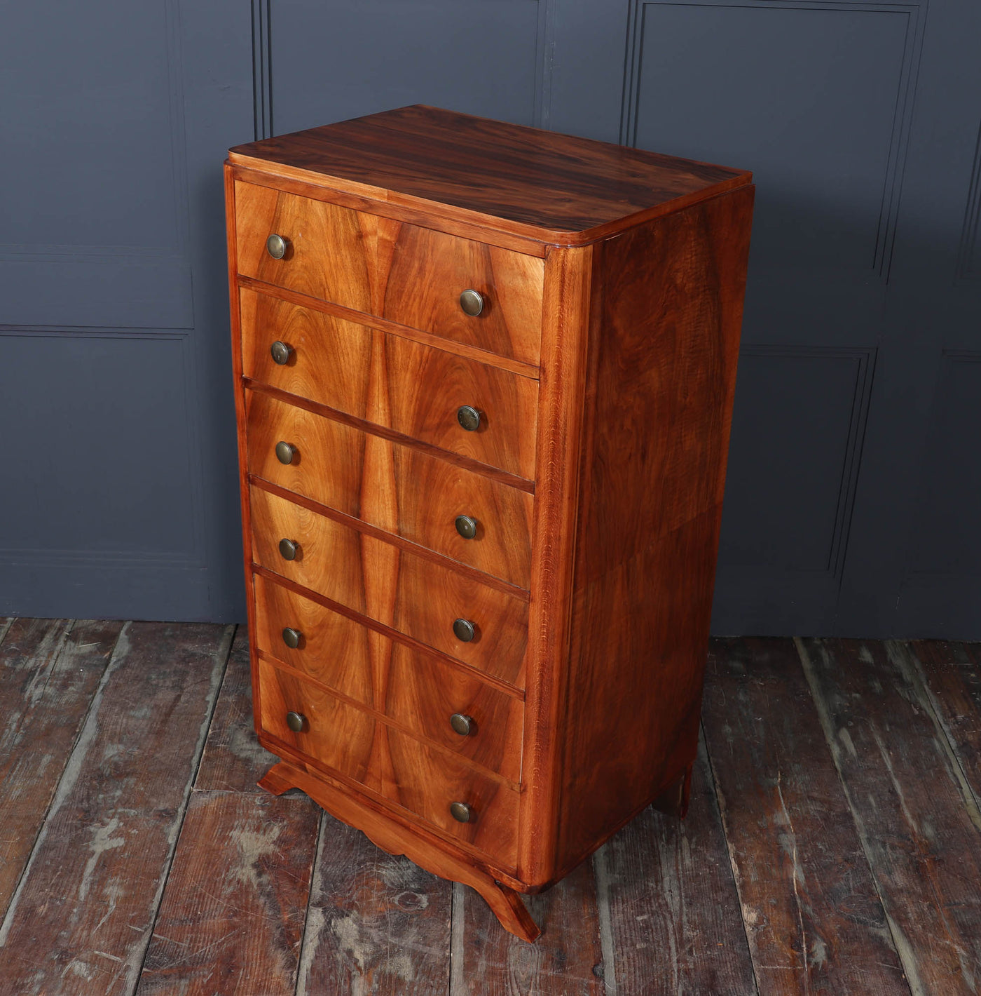 Tall Slim French Art Deco Walnut Chest of Drawers