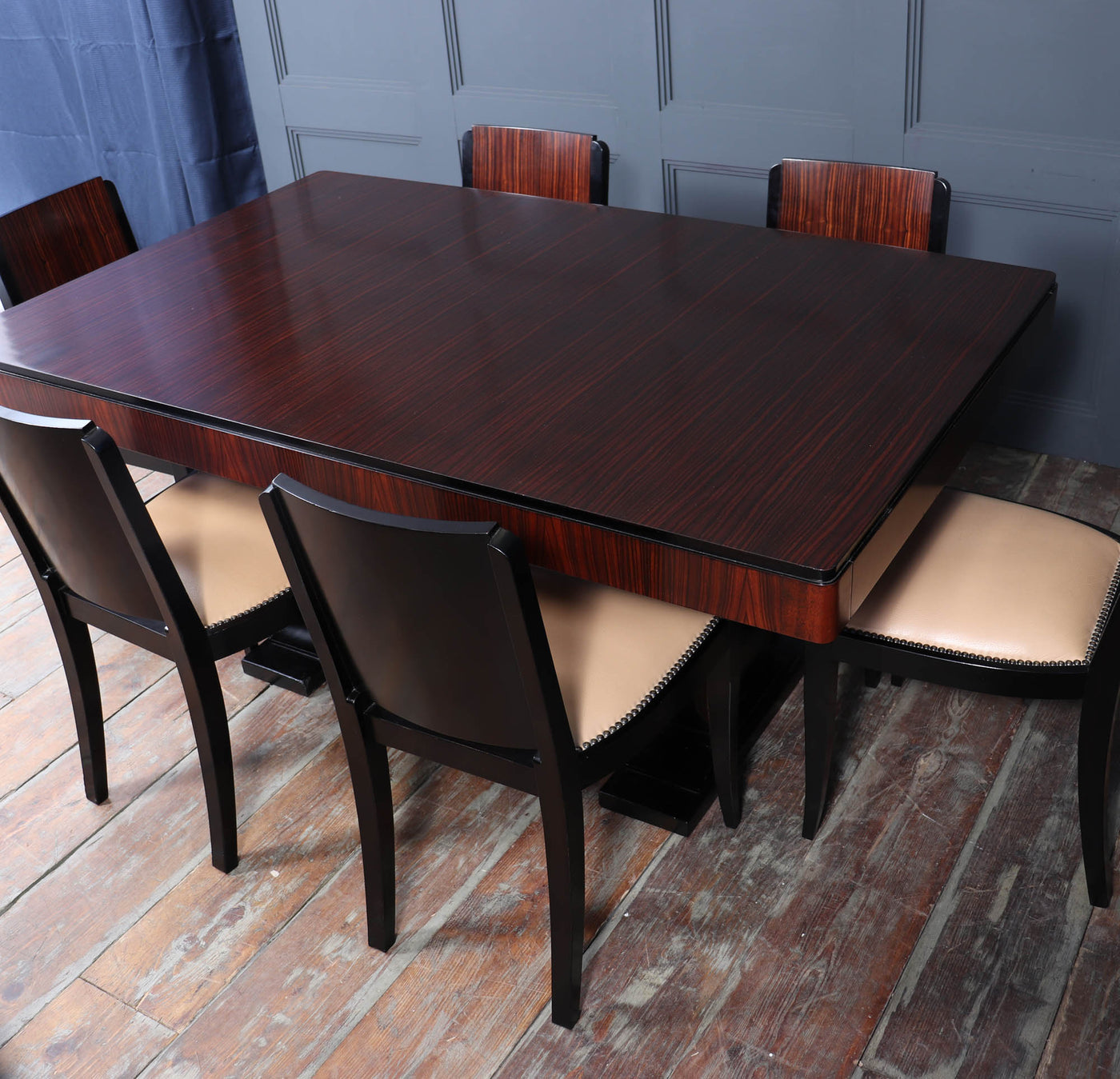 French Art Deco Macassar Ebony Dining Table and Six Chairs