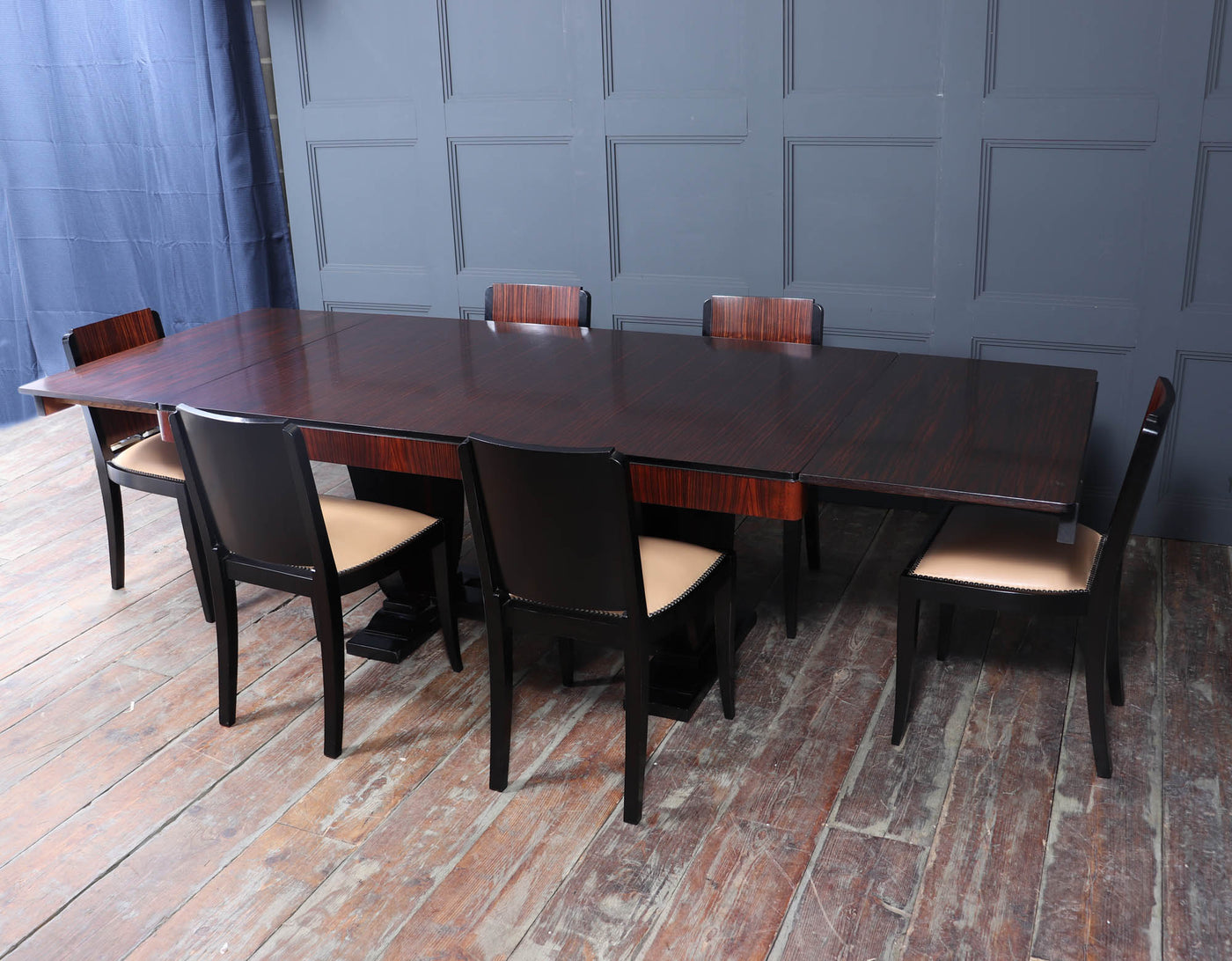 French Art Deco Macassar Ebony Dining Table and Six Chairs