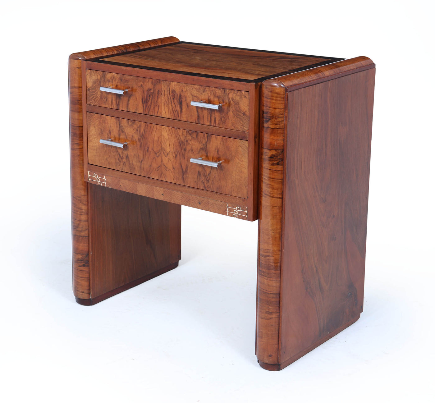 French Art Deco Walnut Side Cabinet with Inlay, c. 1930s