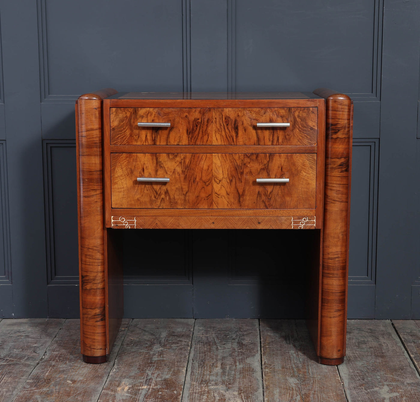 French Art Deco Walnut Side Cabinet with Inlay, c. 1930s