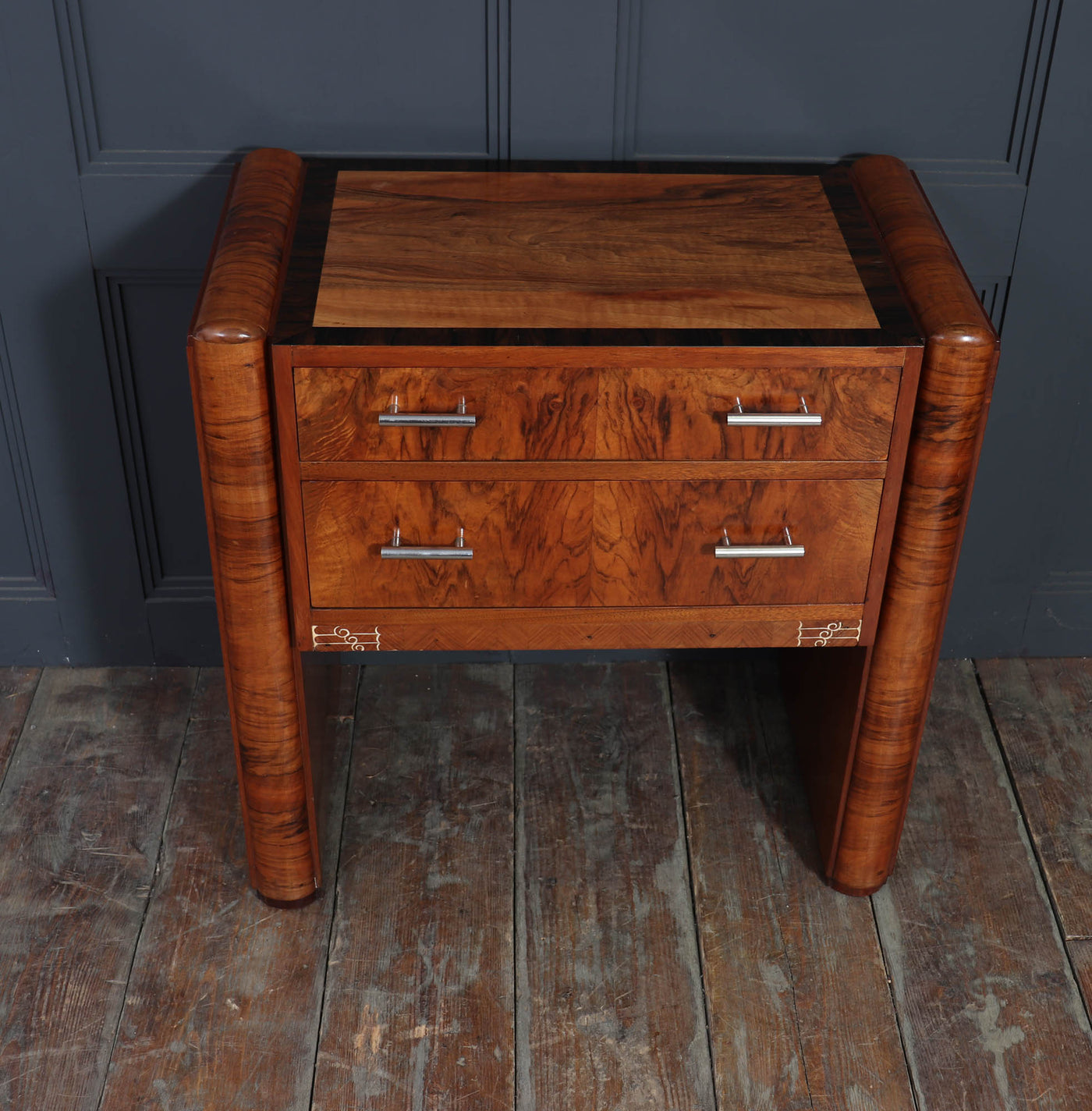 French Art Deco Walnut Side Cabinet with Inlay, c. 1930s