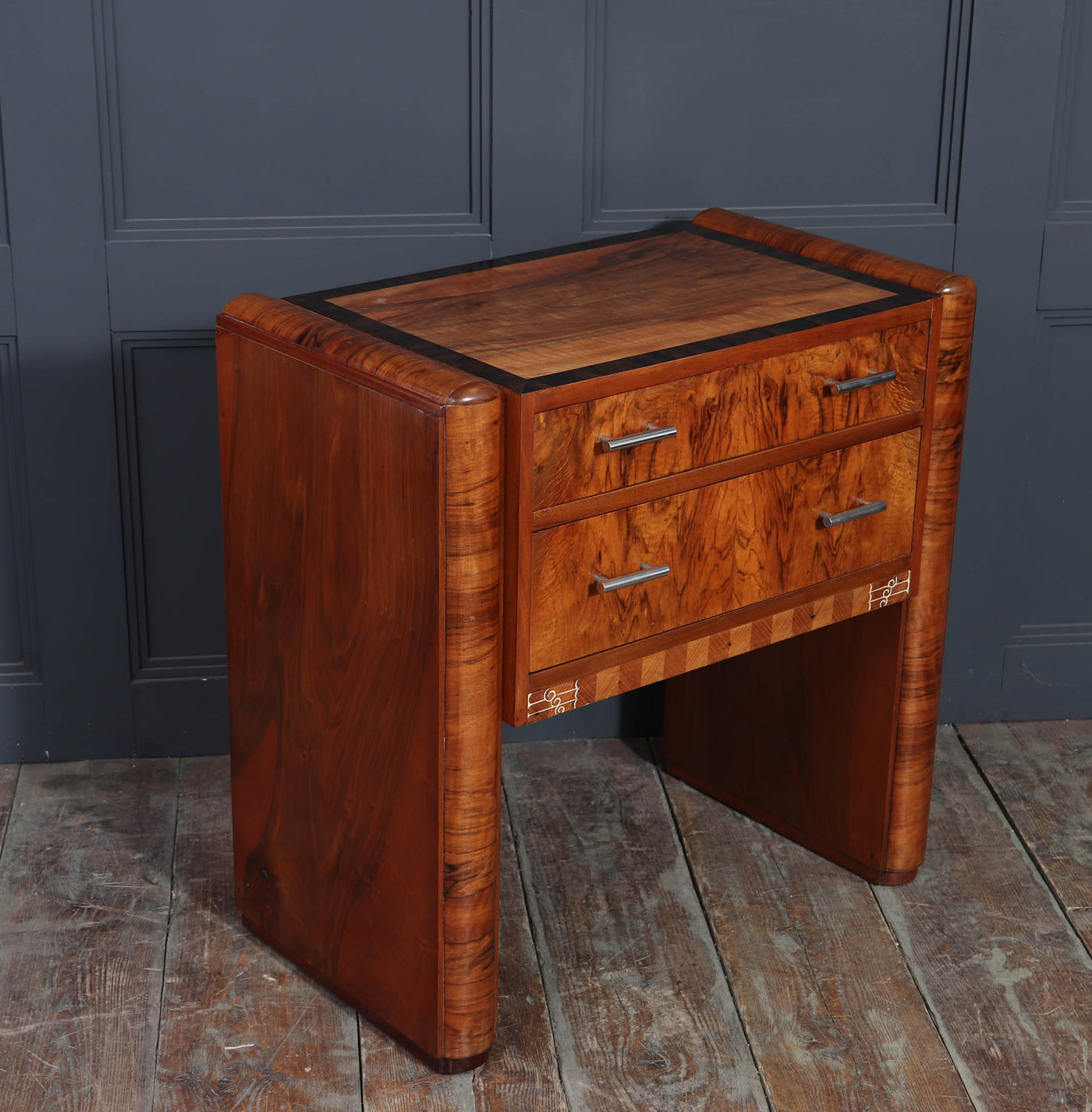 French Art Deco Walnut Side Cabinet with Inlay, c. 1930s