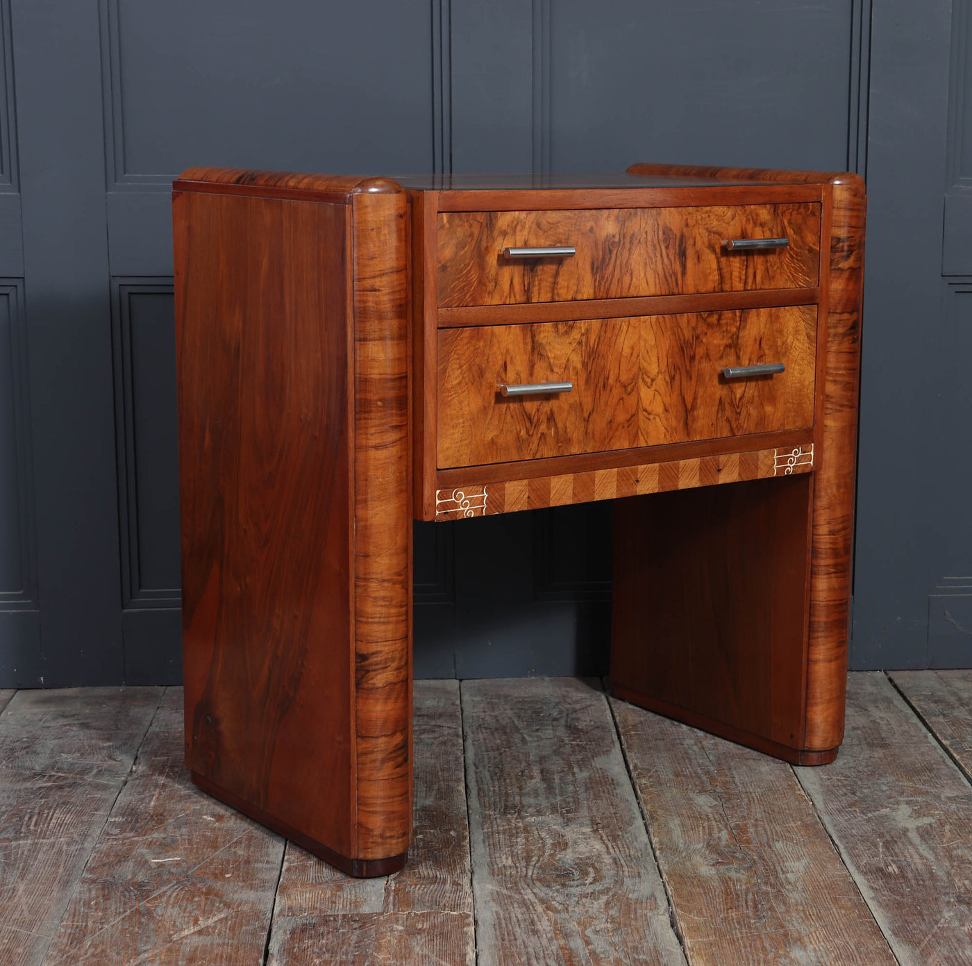 French Art Deco Walnut Side Cabinet with Inlay, c. 1930s