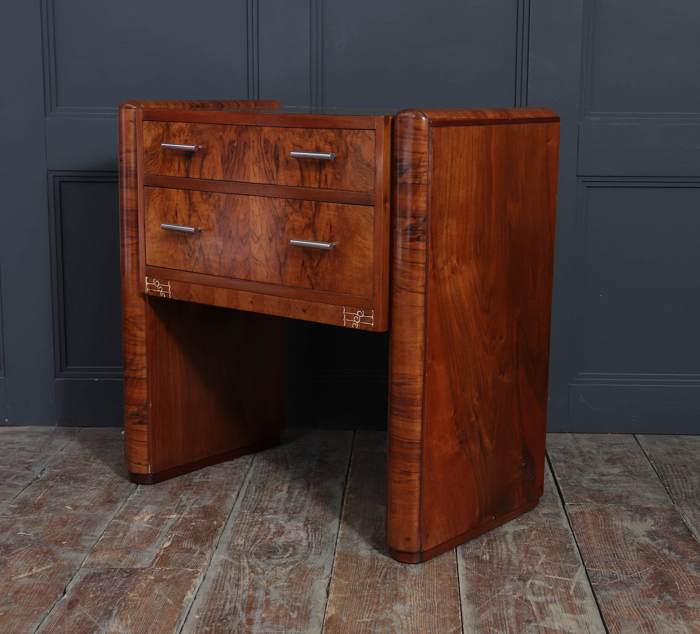 French Art Deco Walnut Side Cabinet with Inlay, c. 1930s