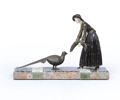 Art Deco Sculpture with Marble Base– Woman with Pheasant
