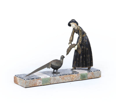 Art Deco Sculpture with Marble Base– Woman with Pheasant