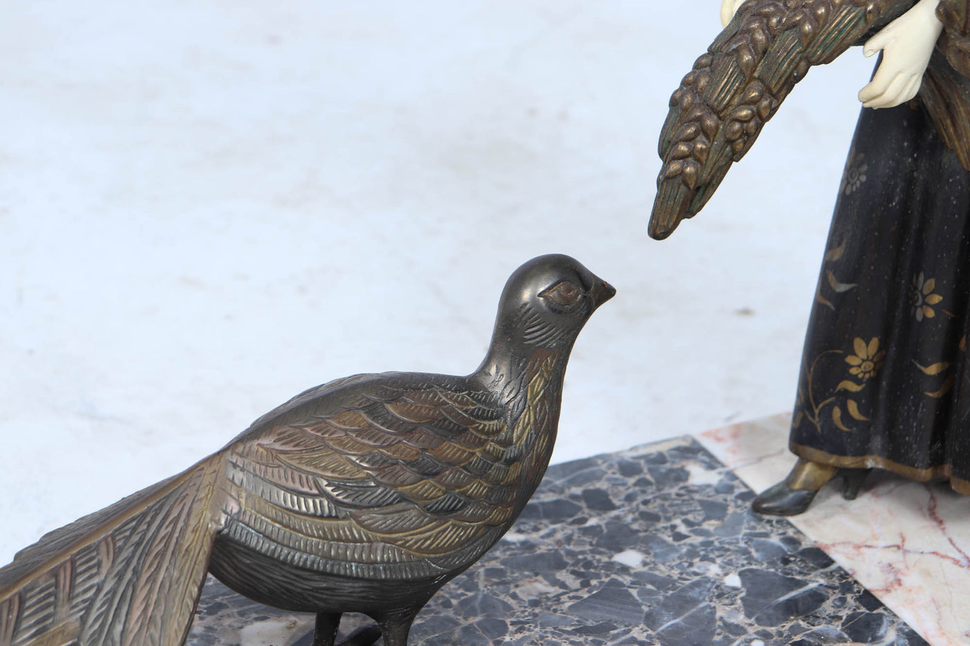 Art Deco Sculpture with Marble Base– Woman with Pheasant