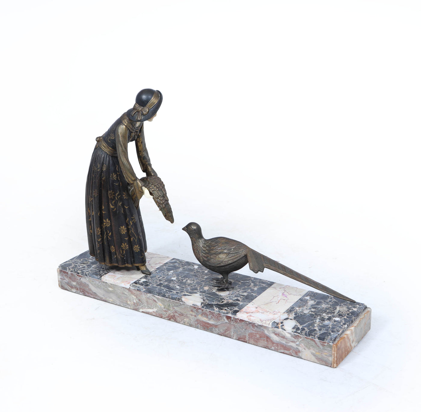 Art Deco Sculpture with Marble Base– Woman with Pheasant