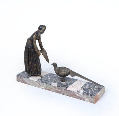 Art Deco Sculpture with Marble Base– Woman with Pheasant