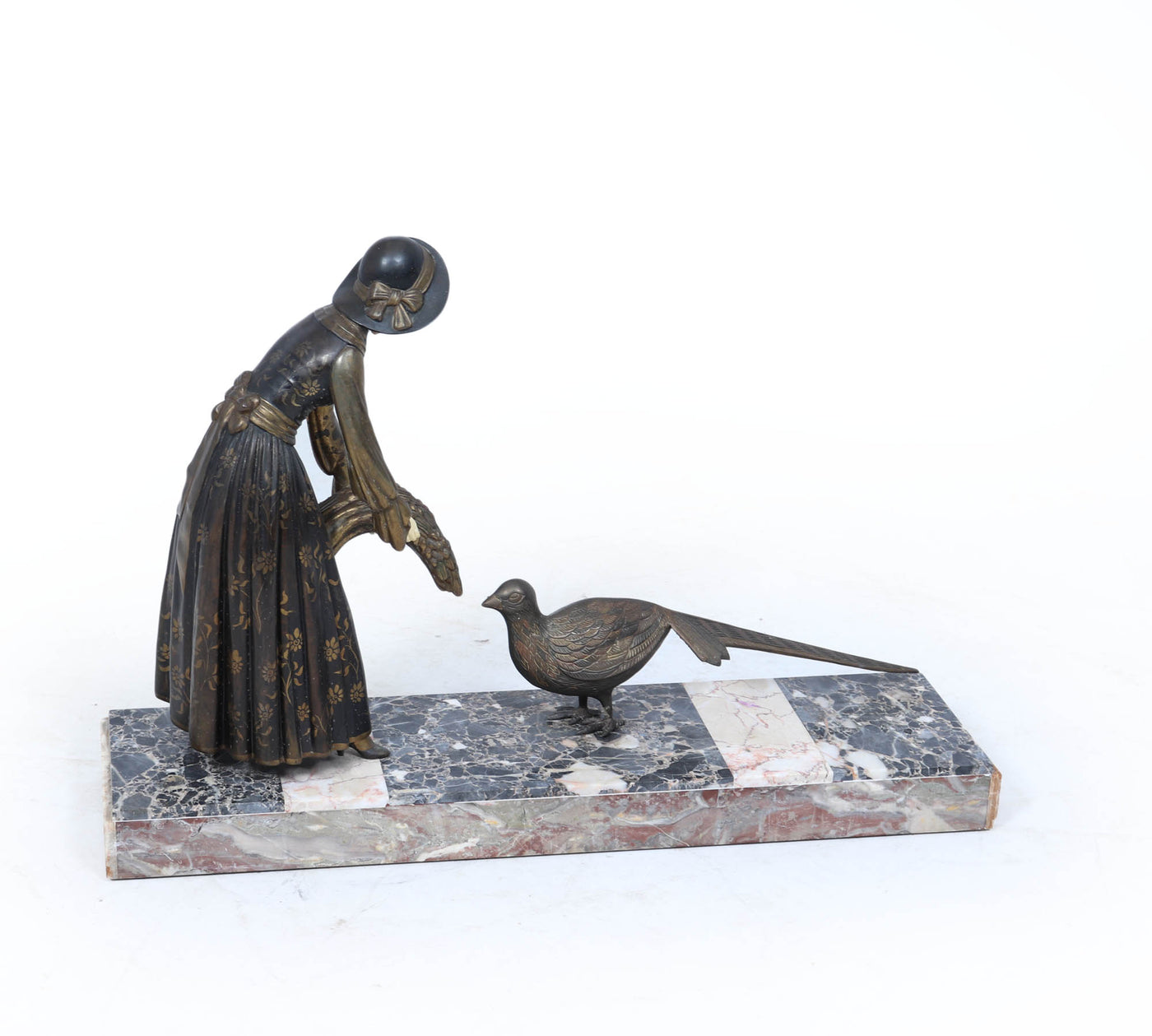 Art Deco Sculpture with Marble Base– Woman with Pheasant