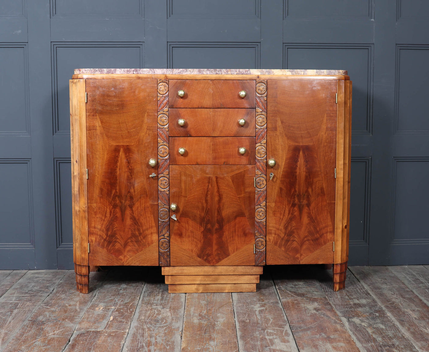 French Art Deco Walnut Sideboard with Marble Top – c.1930s