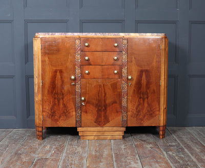 French Art Deco Walnut Sideboard with Marble Top – c.1930s
