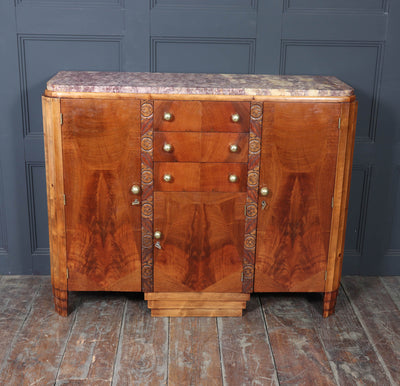 French Art Deco Walnut Sideboard with Marble Top – c.1930s