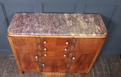 French Art Deco Walnut Sideboard with Marble Top – c.1930s