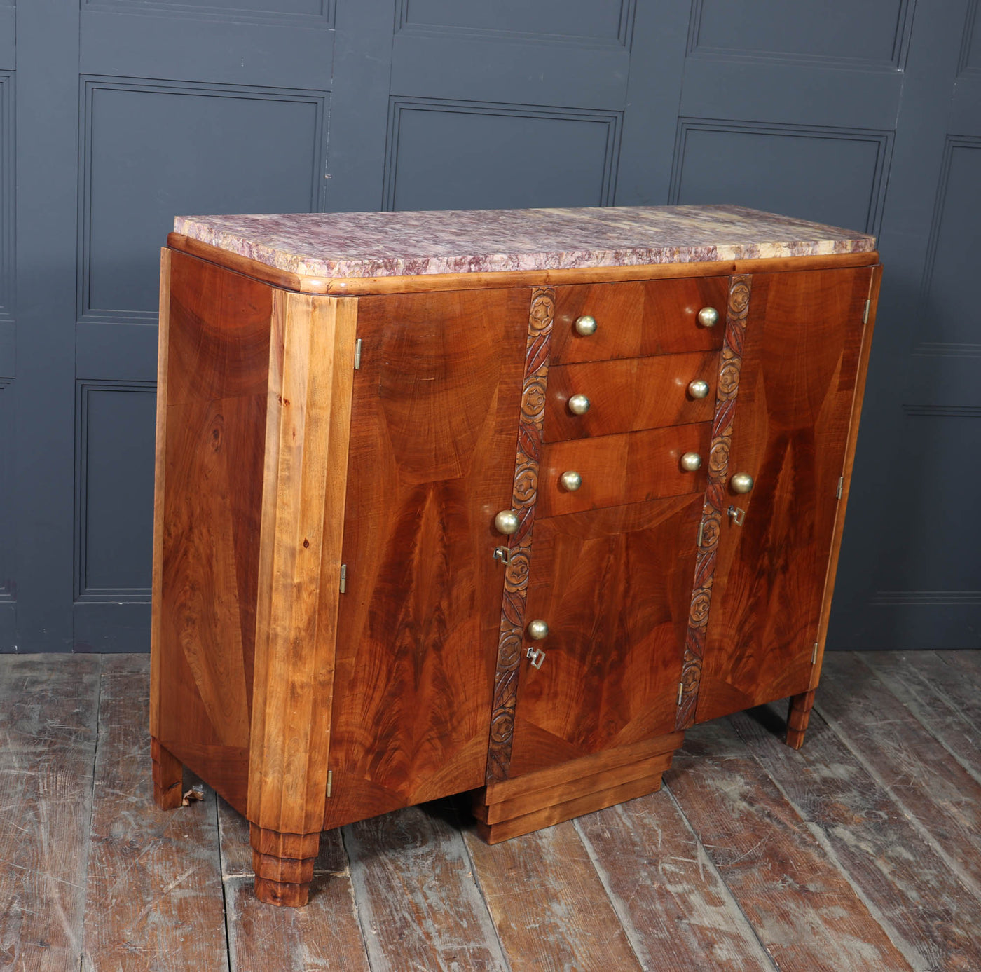 French Art Deco Walnut Sideboard with Marble Top – c.1930s