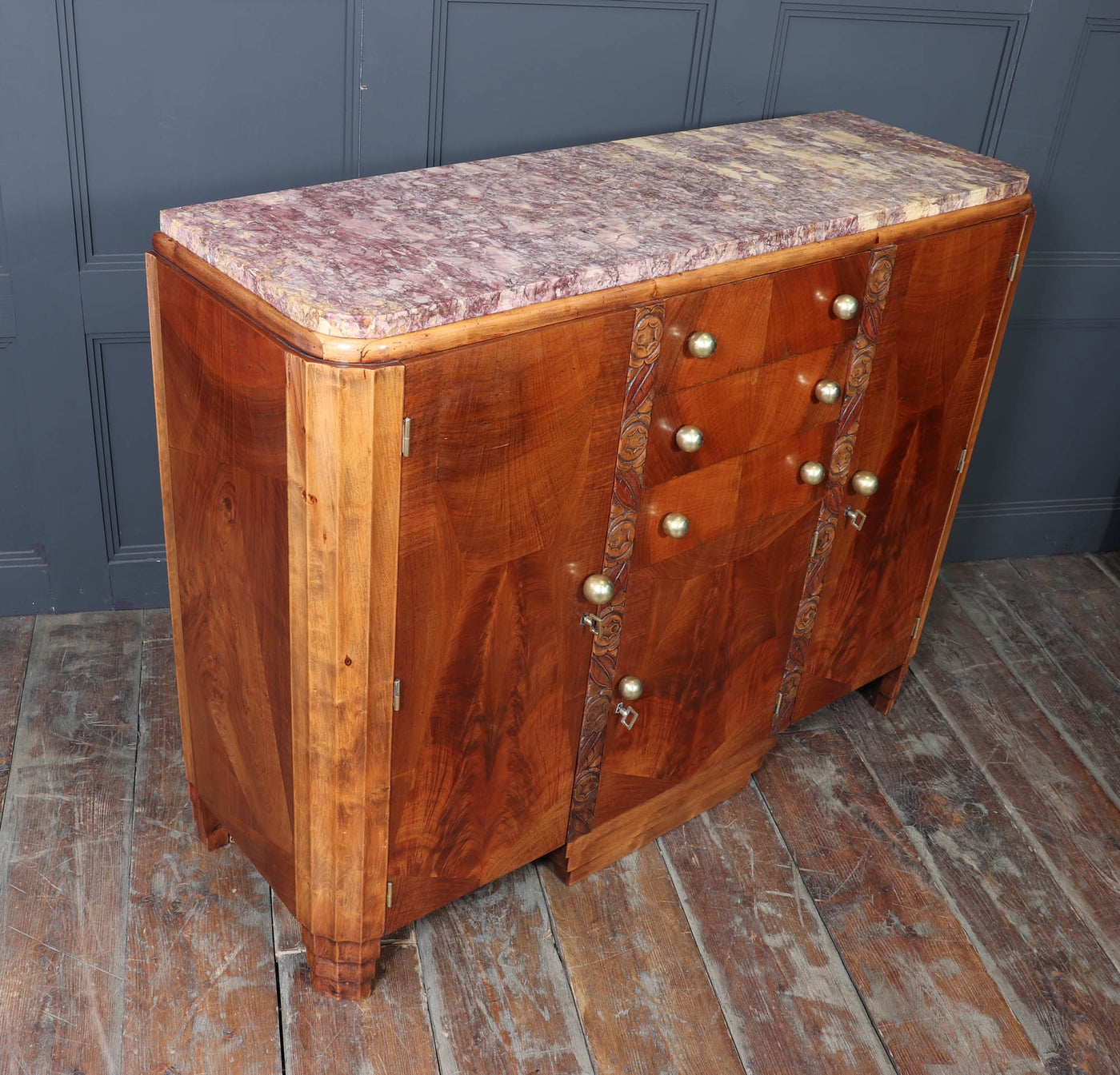 French Art Deco Walnut Sideboard with Marble Top – c.1930s