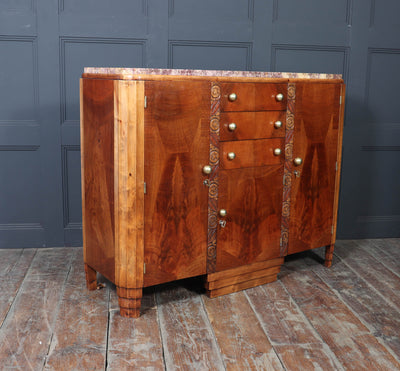 French Art Deco Walnut Sideboard with Marble Top – c.1930s