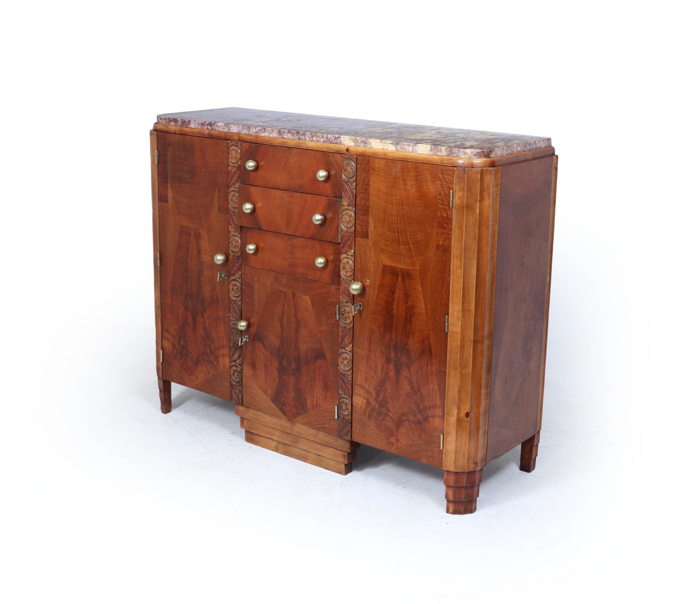 French Art Deco Walnut Sideboard with Marble Top – c.1930s