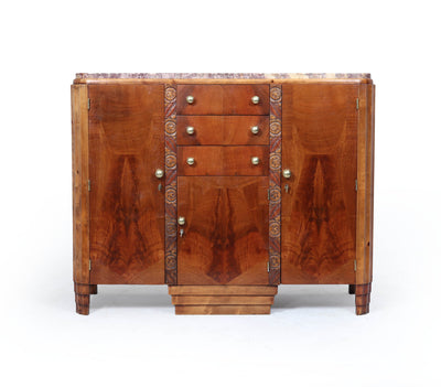 French Art Deco Walnut Sideboard with Marble Top – c.1930s