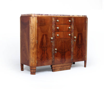 French Art Deco Walnut Sideboard with Marble Top – c.1930s