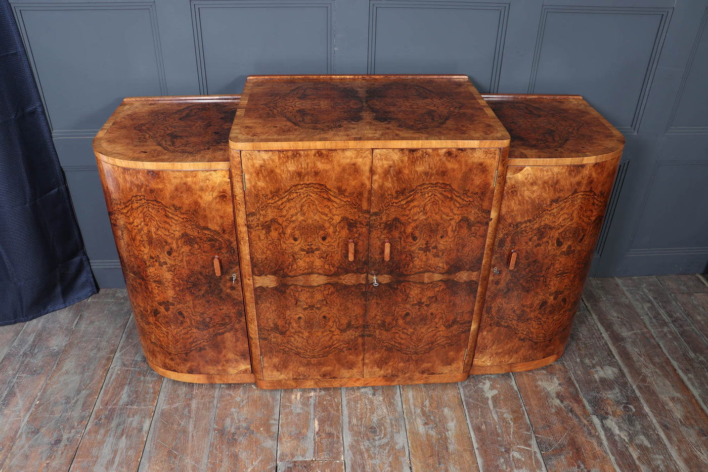 English Art Deco Figured Walnut Sideboard