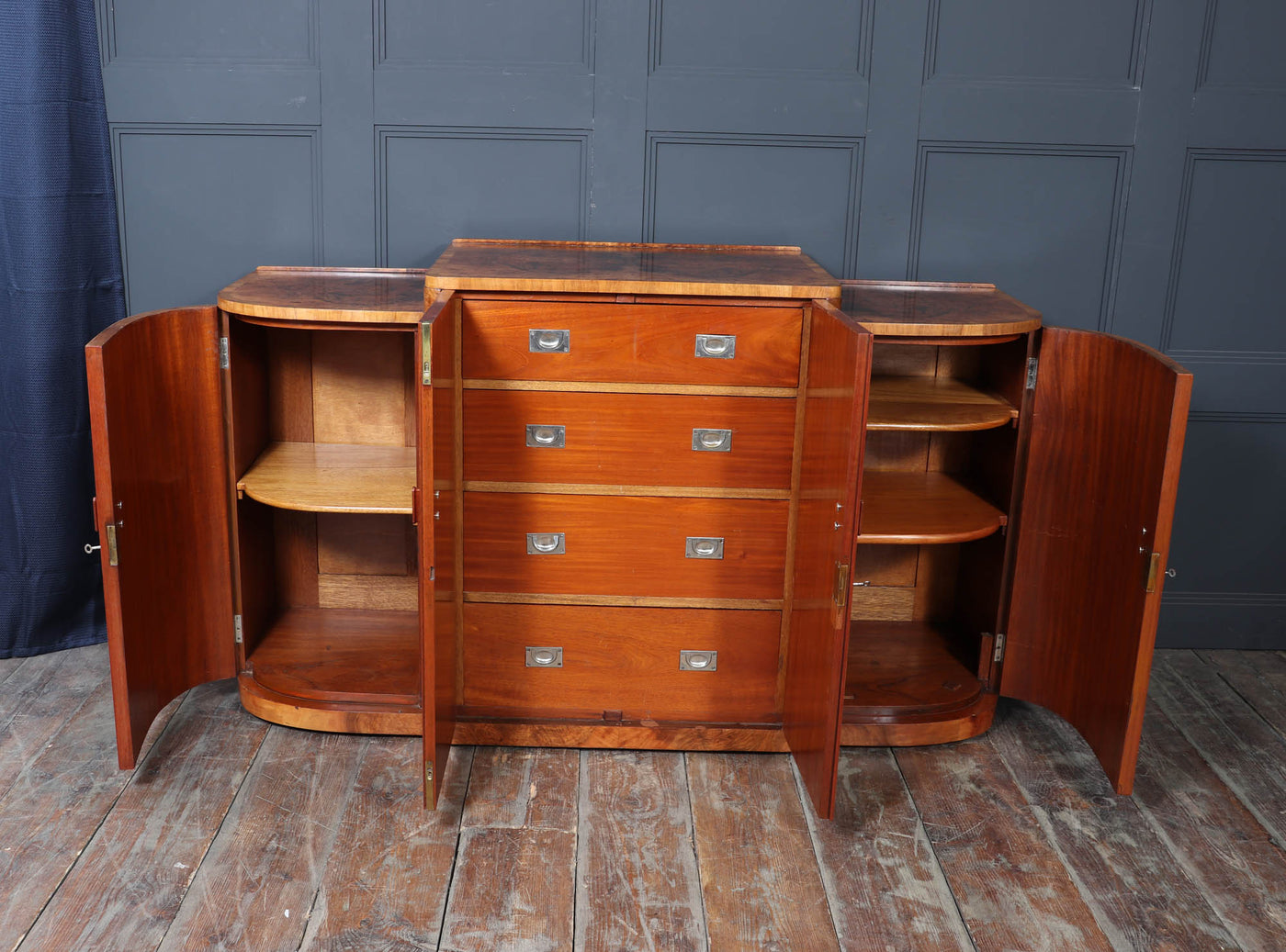English Art Deco Figured Walnut Sideboard