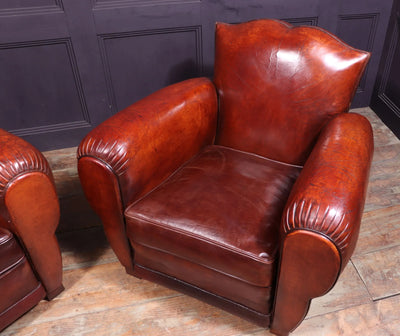 Pair of French Leather Moustache Back Club Chairs