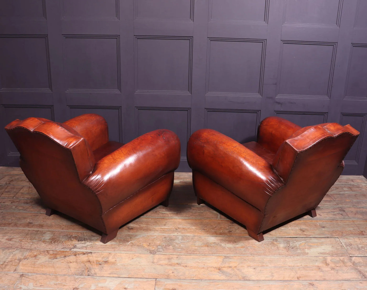 Pair of French Leather Moustache Back Club Chairs