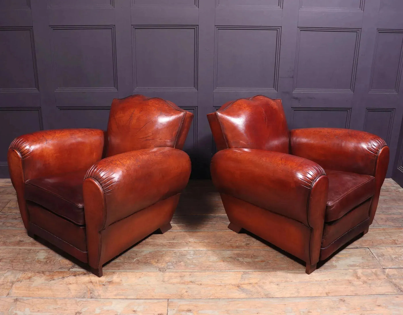 Pair of French Leather Moustache Back Club Chairs