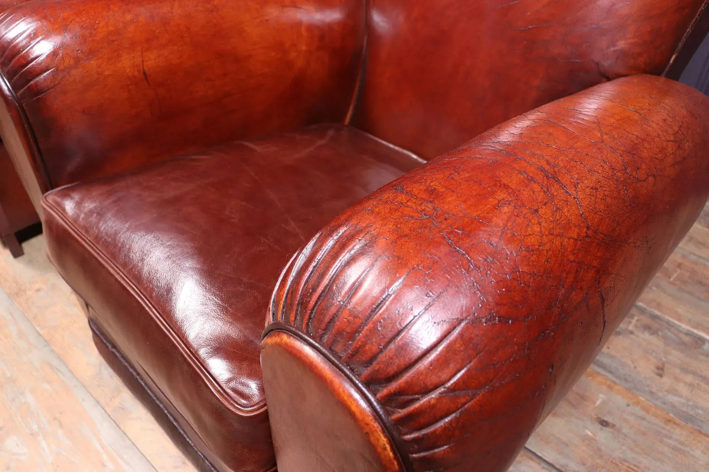 Pair of French Leather Moustache Back Club Chairs