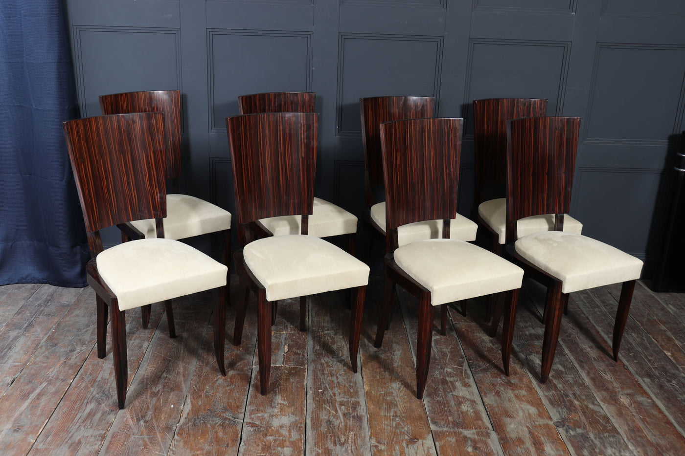 Set of Eight French Art Deco Macassar Ebony Dining Chairs, c.1930s