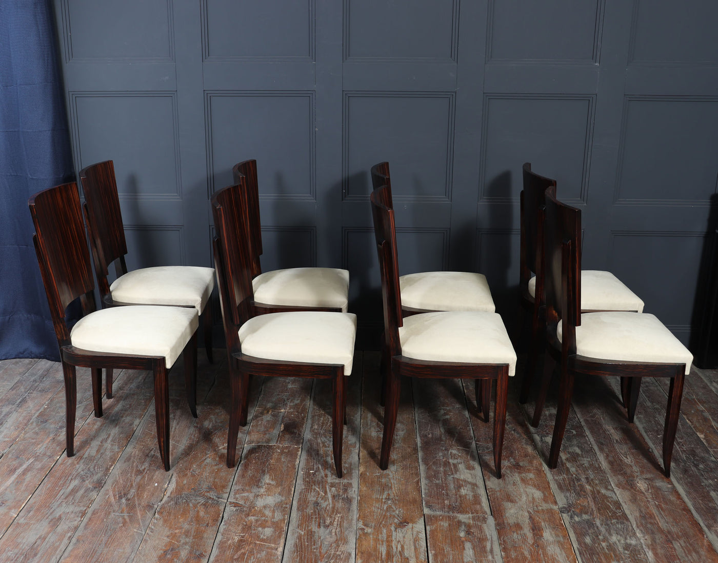 Set of Eight French Art Deco Macassar Ebony Dining Chairs, c.1930s