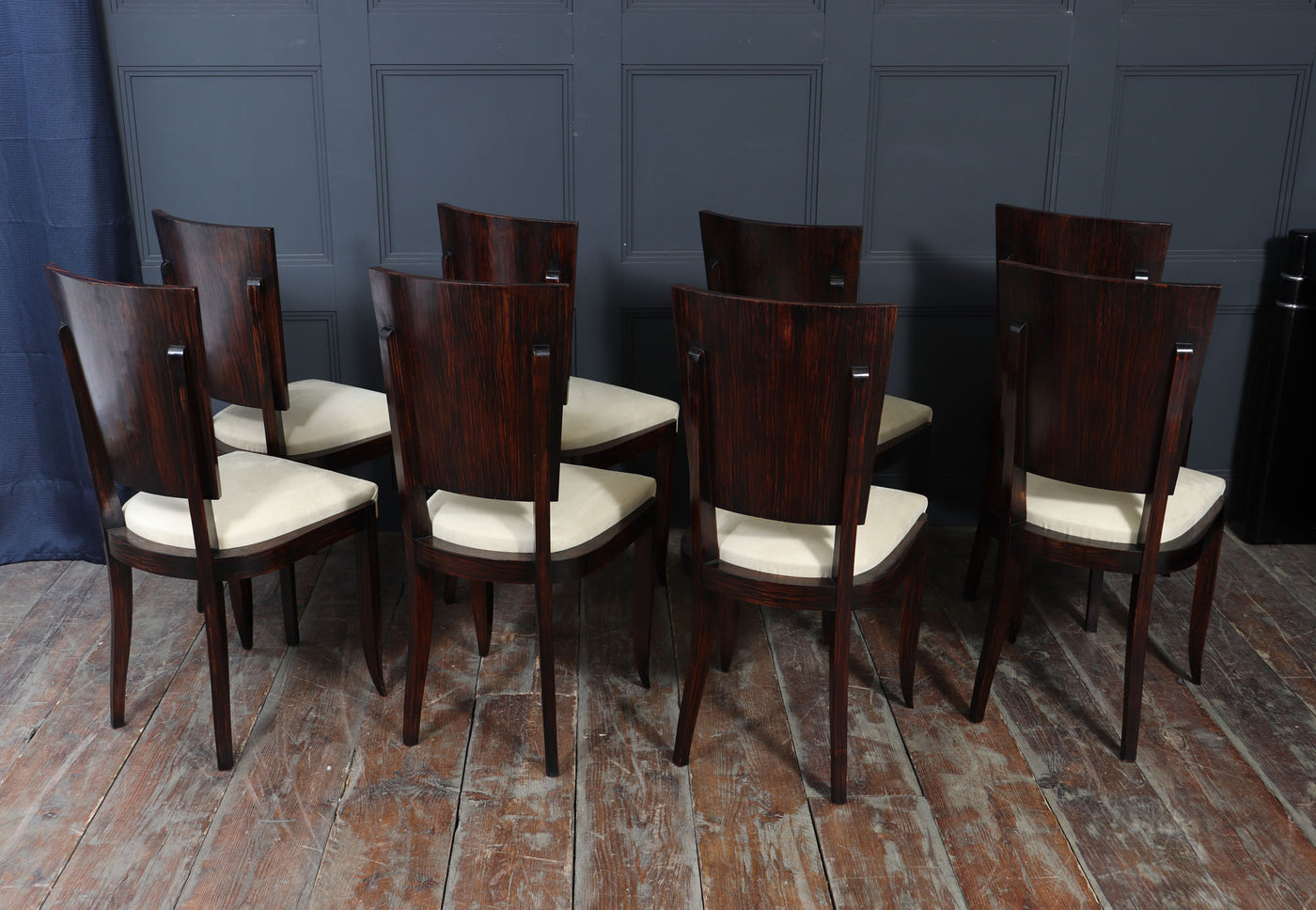 Set of Eight French Art Deco Macassar Ebony Dining Chairs, c.1930s