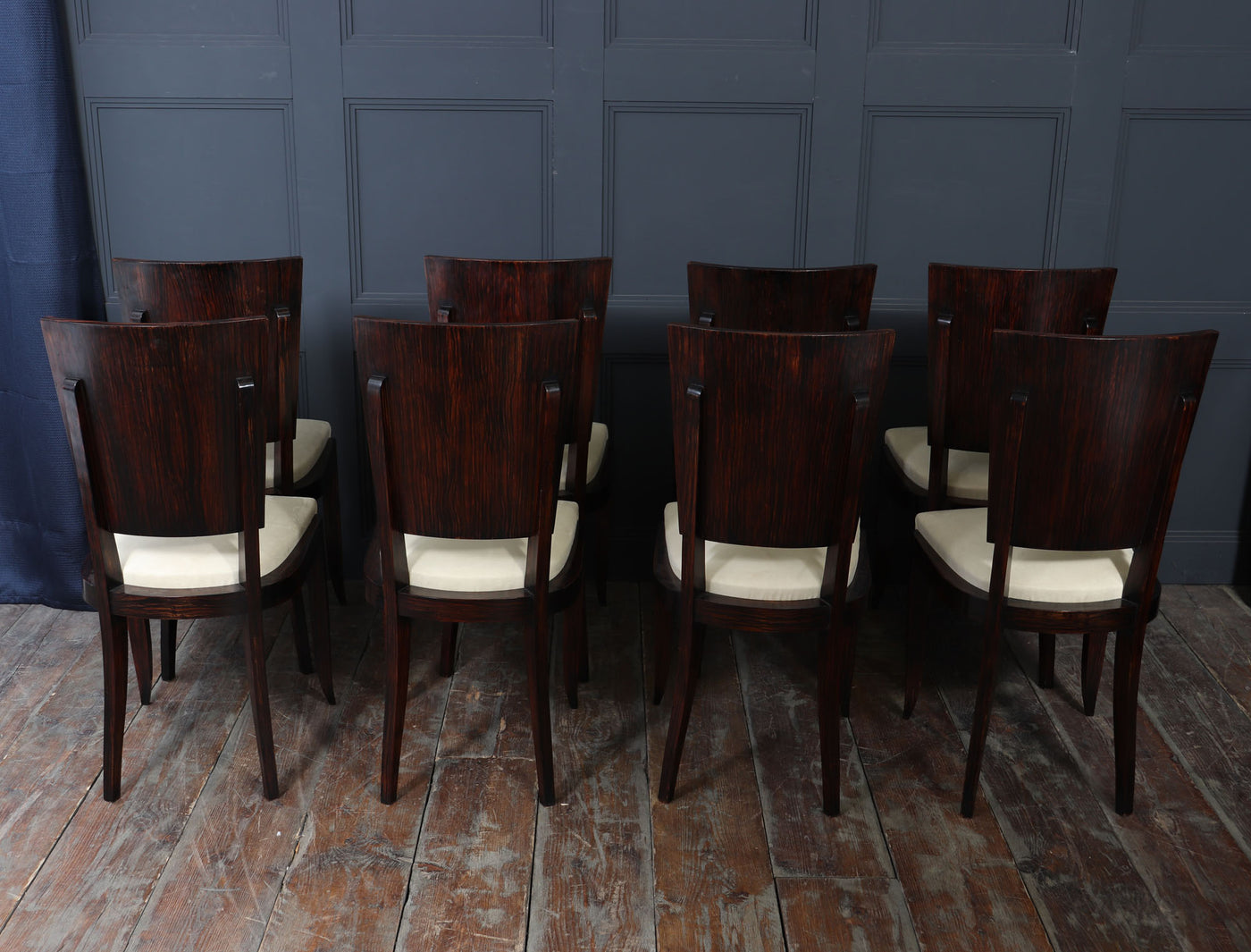 Set of Eight French Art Deco Macassar Ebony Dining Chairs, c.1930s