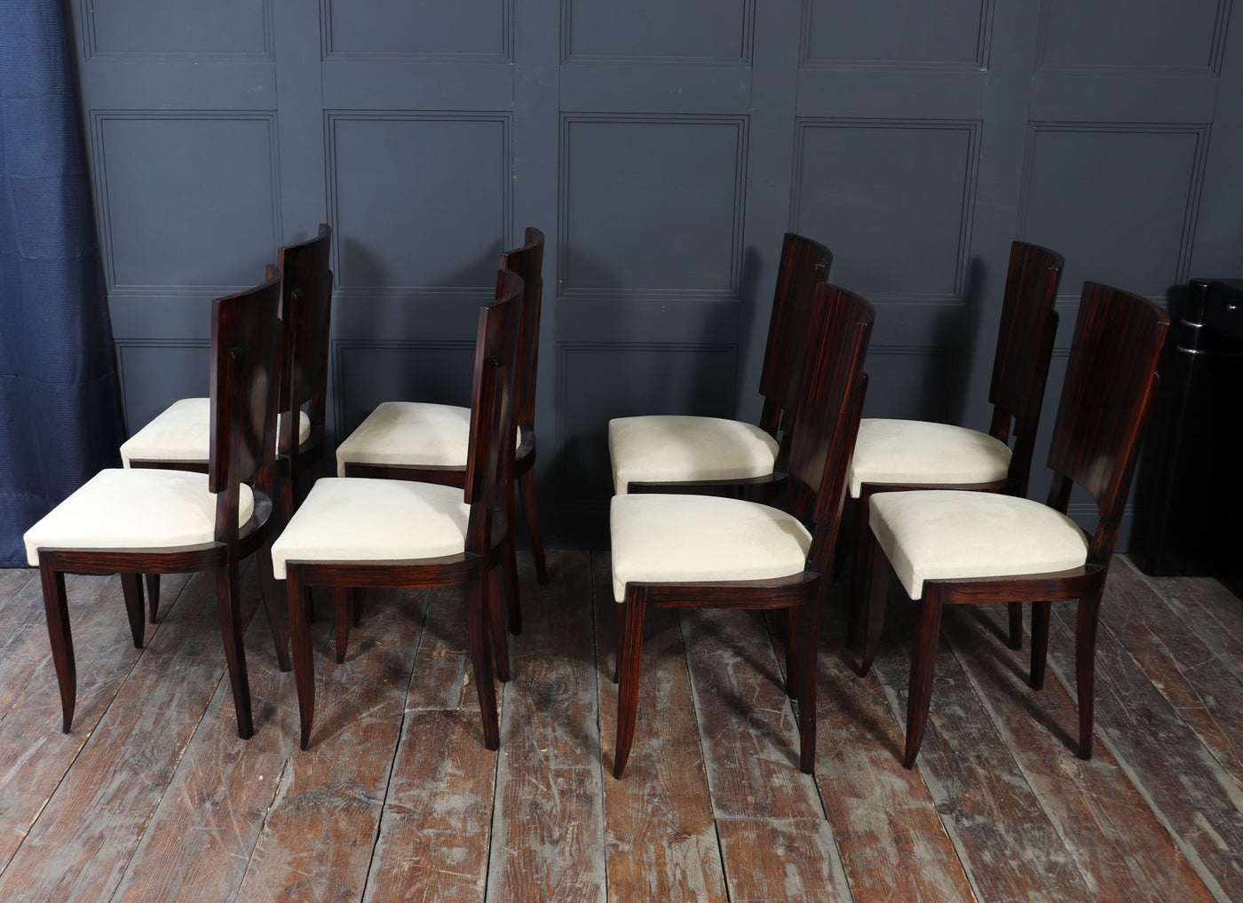 Set of Eight French Art Deco Macassar Ebony Dining Chairs, c.1930s
