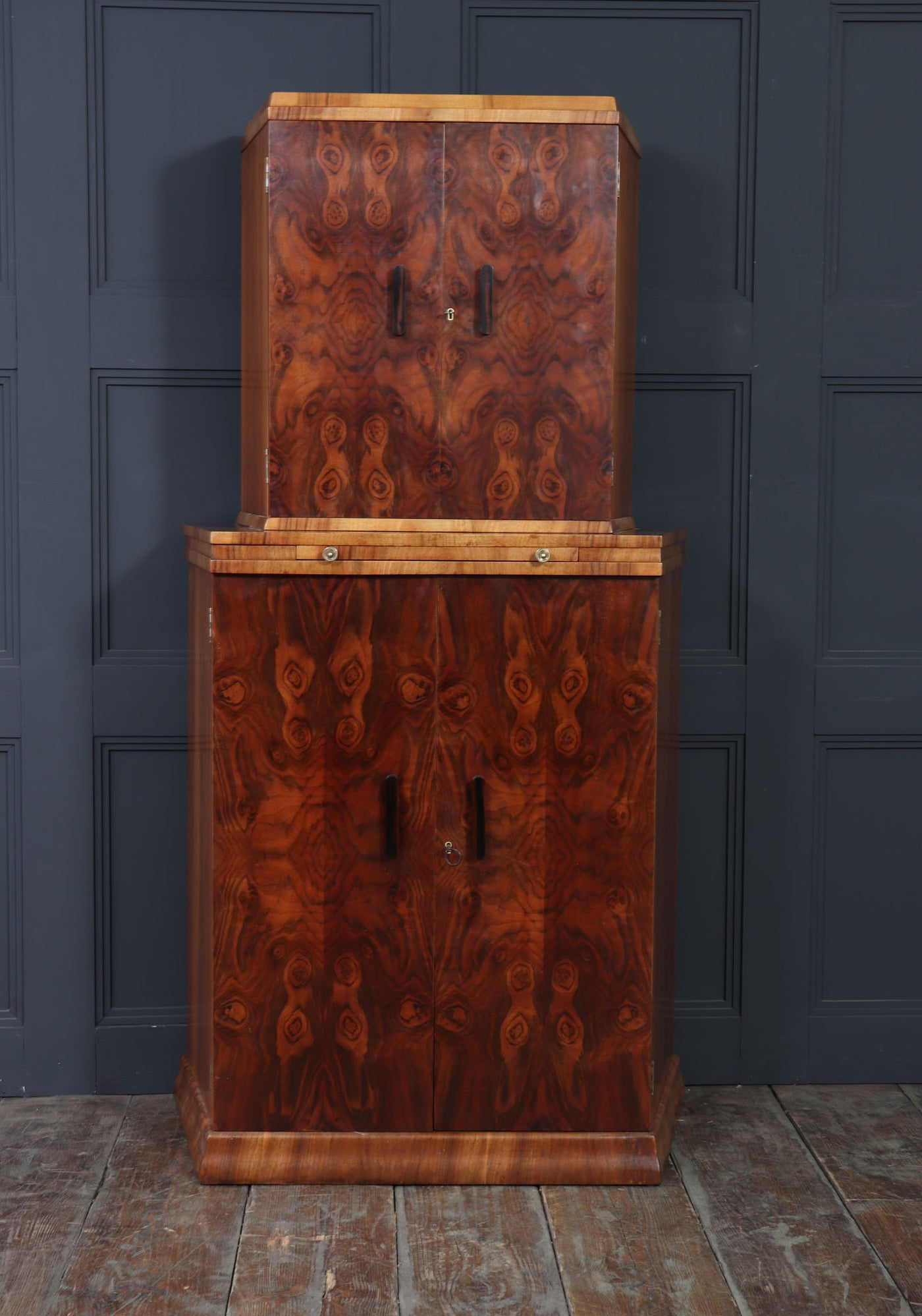 English Art Deco Burr Walnut Cocktail Cabinet, c.1930s