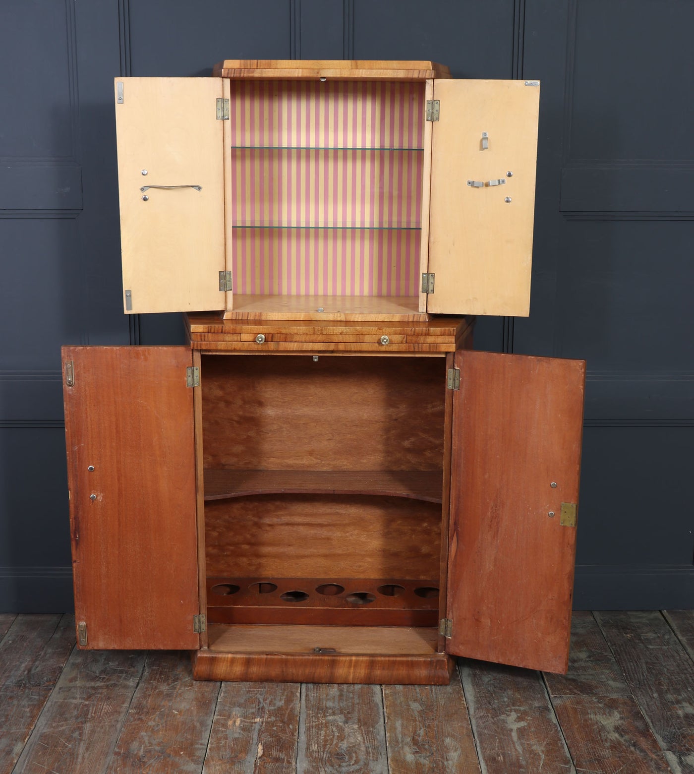 English Art Deco Burr Walnut Cocktail Cabinet, c.1930s