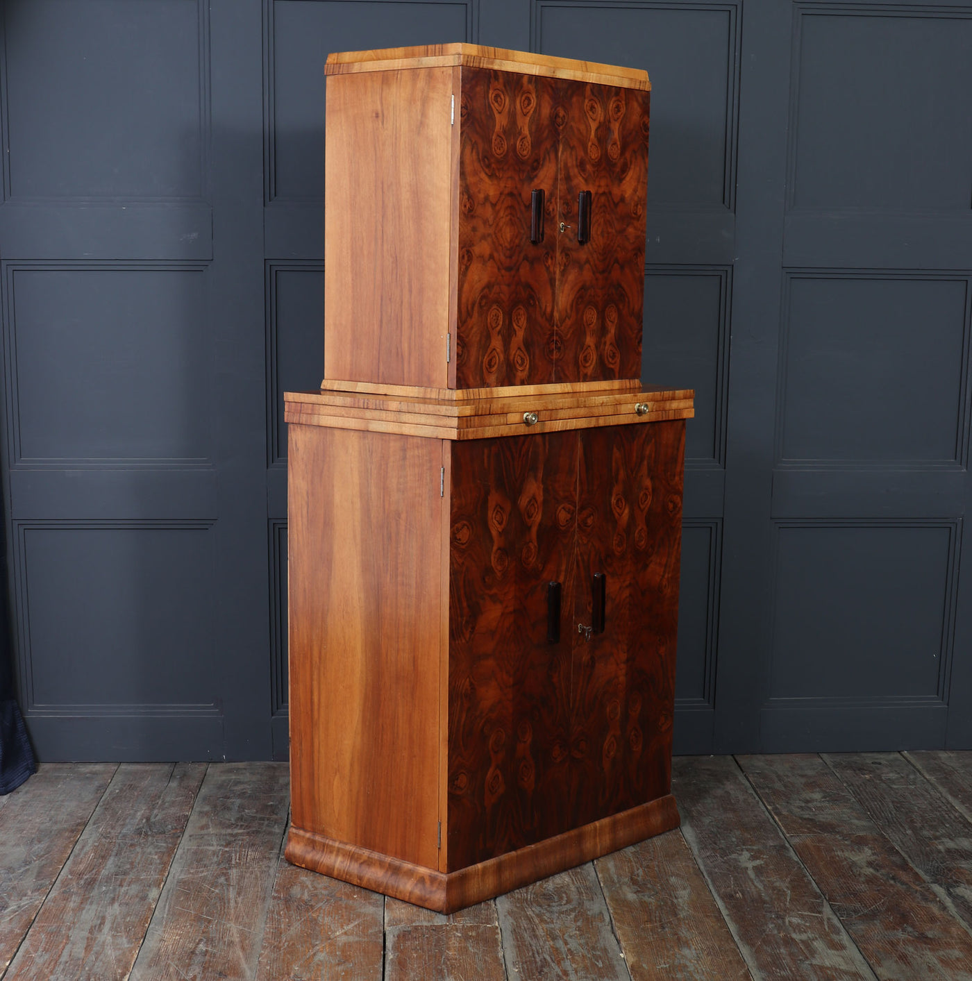 English Art Deco Burr Walnut Cocktail Cabinet, c.1930s