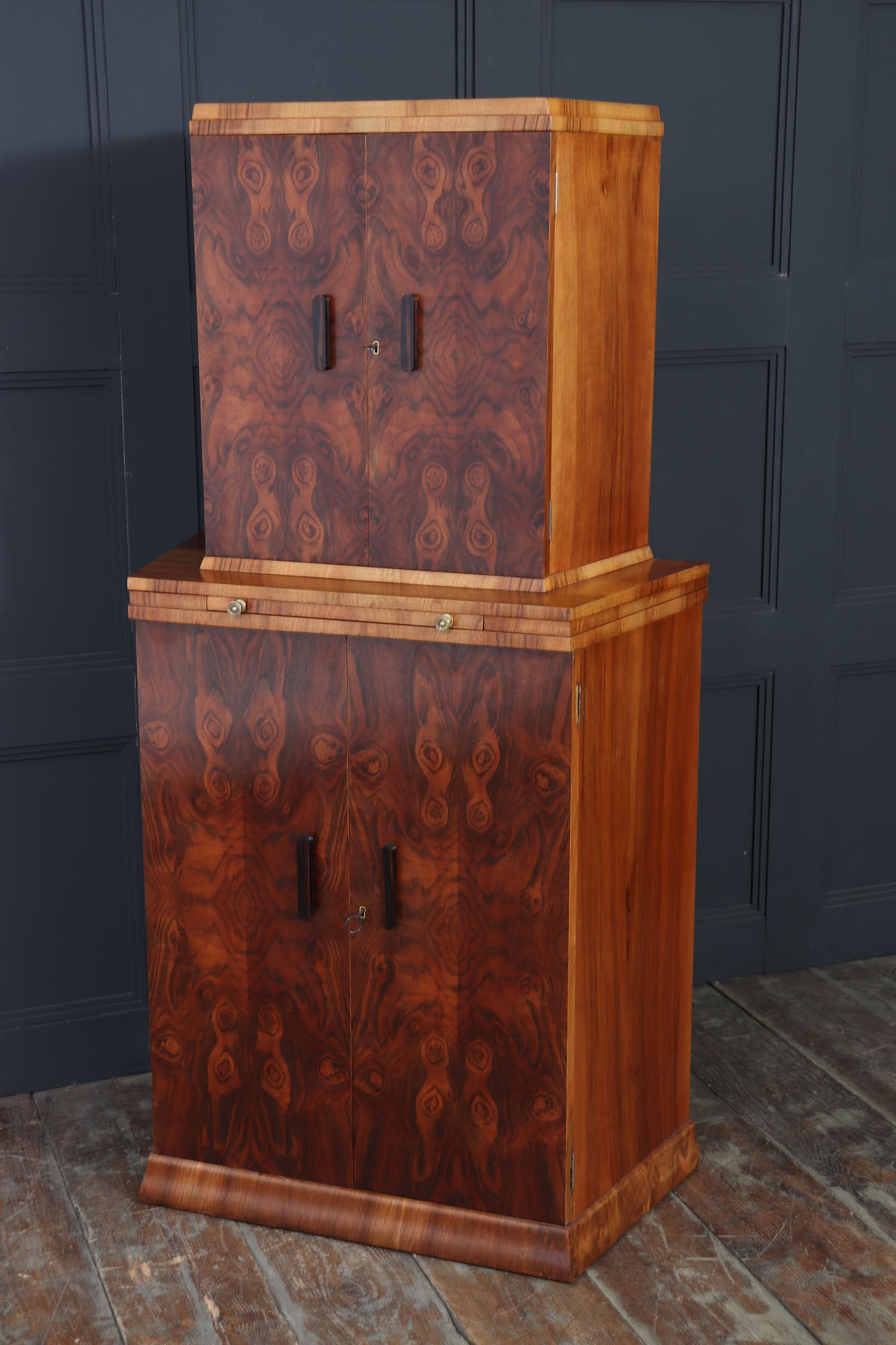 English Art Deco Burr Walnut Cocktail Cabinet, c.1930s