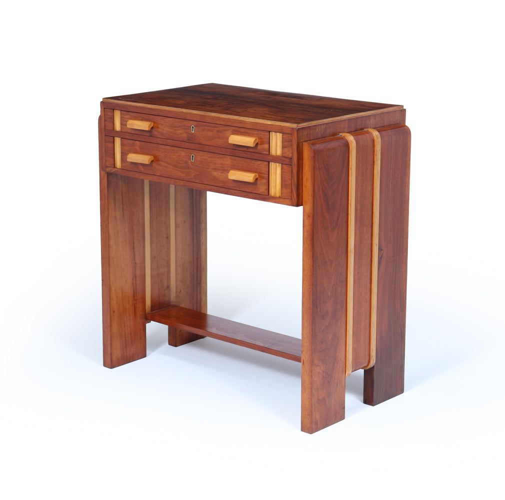 English Art Deco Walnut Console Table with Drawers