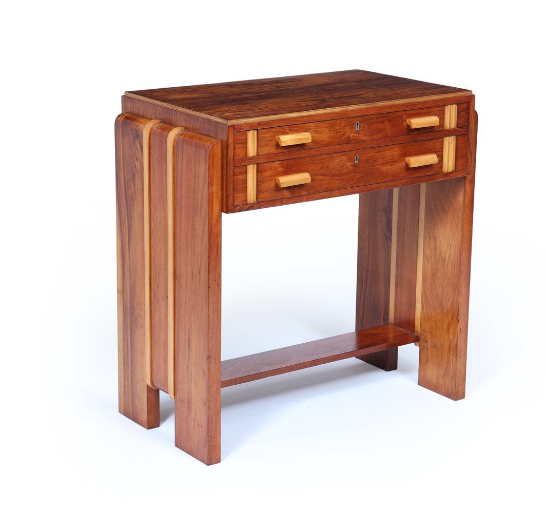 English Art Deco Walnut Console Table with Drawers